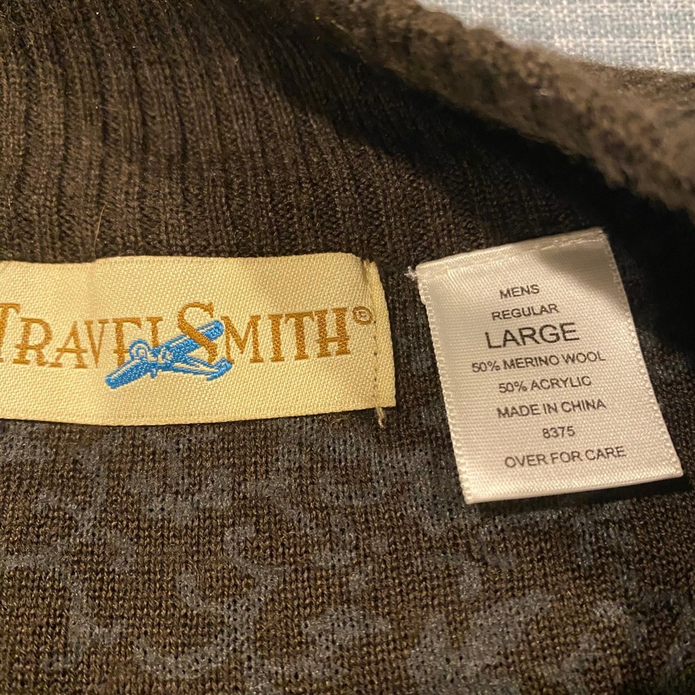 VTG Travelsmith Mens Large Brown Merino Wool Zip 90s Sweater Jacket Grandpacore - Picture 2 of 6